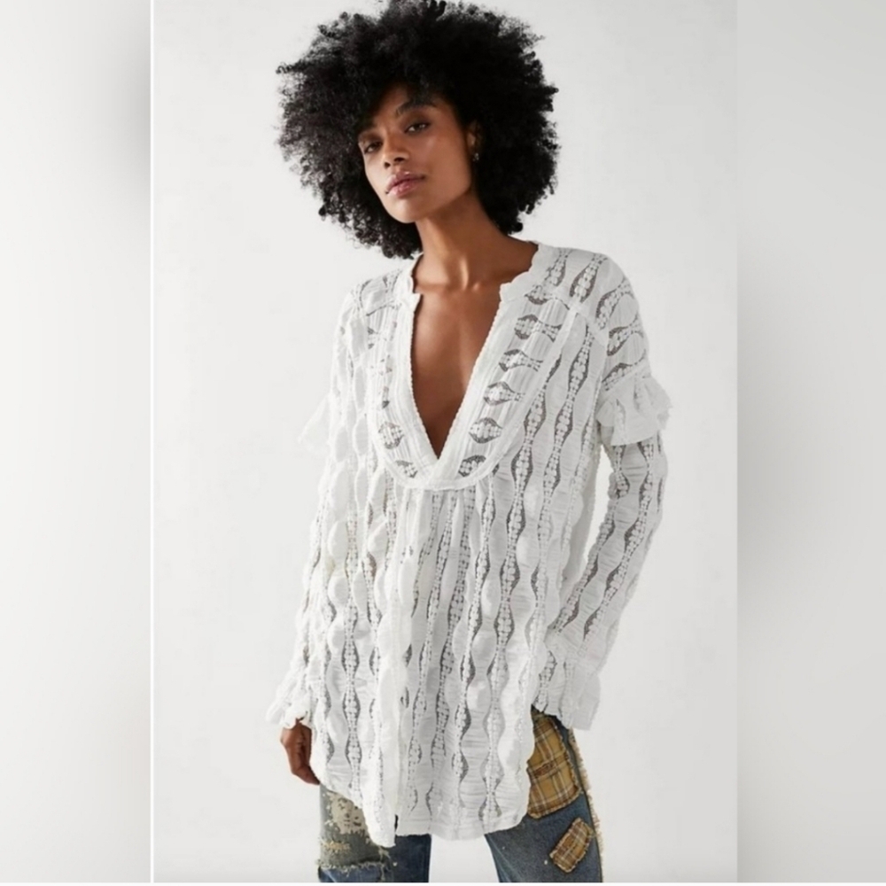NWOT Free People Women's Candy Shop Sheer Lace Tunic Top Size XS Boho Coastal - Picture 1 of 12